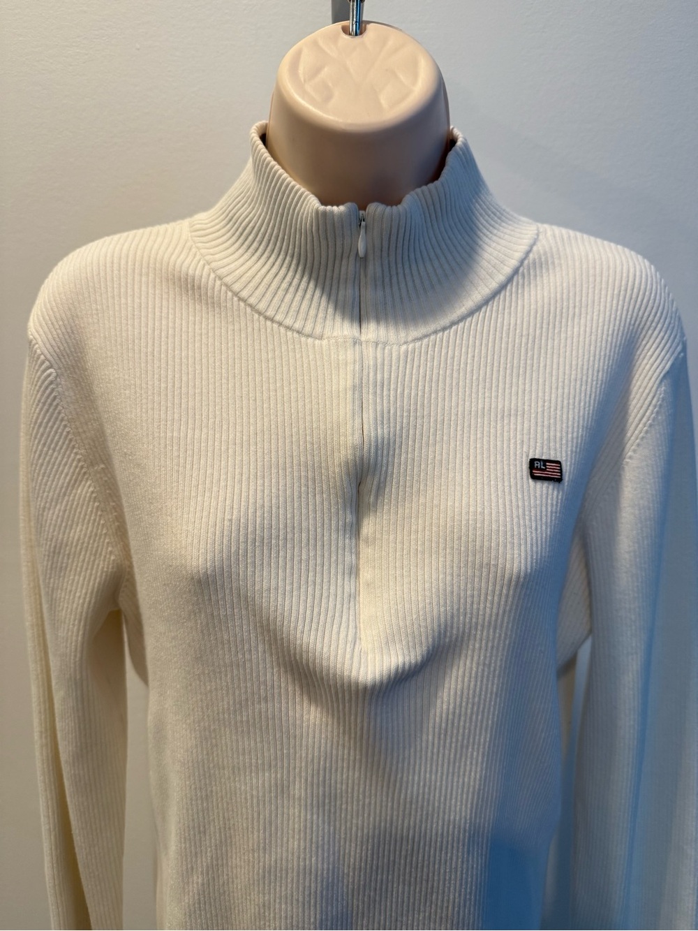 Vintage Ralph Lauren White Ribbed Half-Zip Turtleneck Sweater USA Flag Size XL
